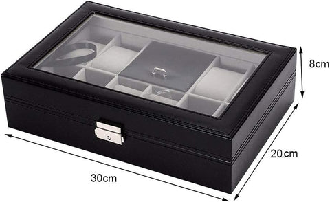 KriShyam® Watch Box Organizer 8 Slot Watch+2 Slots Grids for Ring Stud Earrings Watches Storage Organizer Multipurpose Grids PU Leather Transparent Top Cover,Black