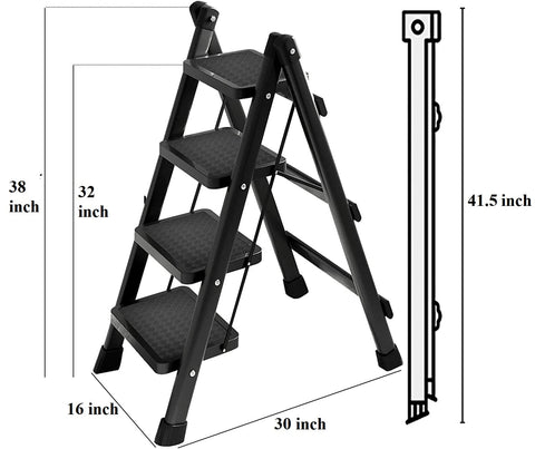 KriShyam® 4 Step Ladder Folding Step Stool with Wide Anti-Slip Pedals, Portable Folding Heavy-Duty Steel Sturdy Ladder for Home and Kitchen, Black, 150Kgs