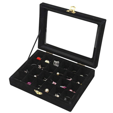 KriShyam® Earring Storage Case 24 Compartments Ring Velvet Display Case Box Earring Ring Organizer Velvet Jewelry Tray Cufflink Storage Showcase with Clear Glass Lid (Black)