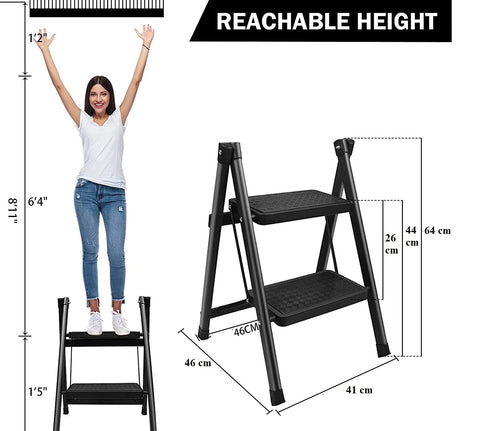 KriShyam® 2 Step Ladder, Steel Folding Step Stool Anti-Slip with Wide Pedals, Adults Foldable Ladder Lightweight Portable, Multi-Use Ladder for Kitchen, Household and Office, 330lb Capacity, Black