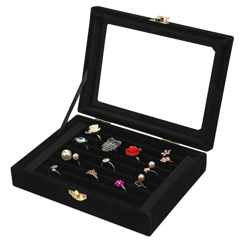 KriShyam® Women Velvet Glass Ring Earrings Jewellery Box Display Storage Showcase Holder Organizer,Ring Display Box Velvet Fabric Glass Tray Holder Storage Box Organizer (BLACK)