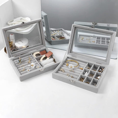 KriShyam® Jewelry Boxes with Glass Lids, 9 Grids Jewelry Storage Organizer Jewelry Box Women Travel Jewelry Box, Necklace Earrings Ring Jewelry Box, Clear Jewelry Storage Box