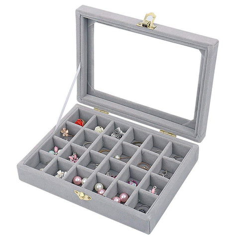 KriShyam® Earring Storage Case 24 Compartments Ring Velvet Display Case Box Earring Ring Organizer Velvet Jewelry Tray Cufflink Storage Showcase with Clear Glass Lid (Grey)