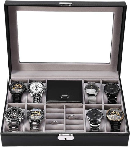 KriShyam® Watch Box Organizer 8 Slot Watch+2 Slots Grids for Ring Stud Earrings Watches Storage Organizer Multipurpose Grids PU Leather Transparent Top Cover,Black