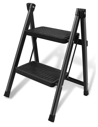 KriShyam® 2 Step Ladder, Steel Folding Step Stool Anti-Slip with Wide Pedals, Adults Foldable Ladder Lightweight Portable, Multi-Use Ladder for Kitchen, Household and Office, 330lb Capacity, Black