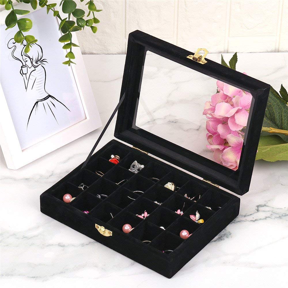 KriShyam® Earring Storage Case 24 Compartments Ring Velvet Display Case Box Earring Ring Organizer Velvet Jewelry Tray Cufflink Storage Showcase with Clear Glass Lid (Black)