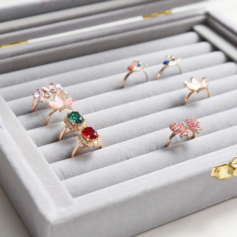 KriShyam® Women Velvet Glass Ring Earrings Jewellery Box Display Storage Showcase Holder Organizer,Ring Display Box Velvet Fabric Glass Tray Holder Storage Box Organizer (Grey)