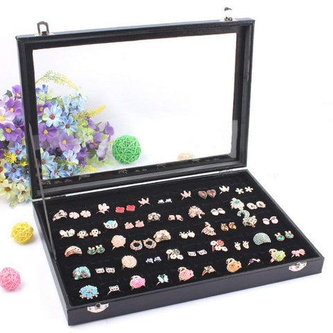 KriShyam® Fabric Glass Jewelry Ring Display Box Tray Holder Storage Box Organizer Display Storage Showcase Holder Organizer, Fabric Glass Tray Holder Storage Box Organizer (Black)