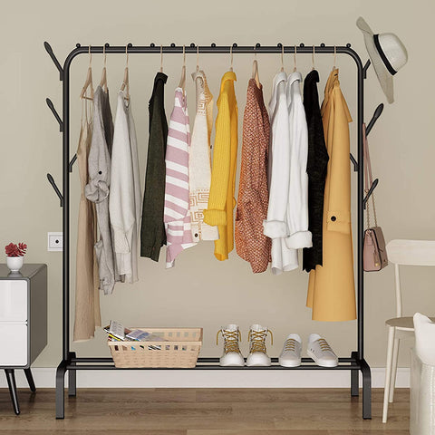 KriShyam® Freestanding Hanging Metal Clothes Rack with Storage Shelf and Side Hooks Black