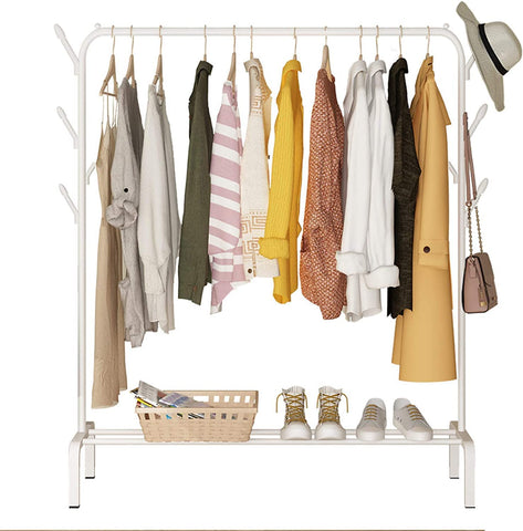 KriShyam® Freestanding Hanging Metal Clothes Rack with Storage Shelf and Side Hooks White