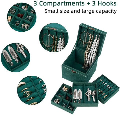 KriShyam® 3-Layer Velvet Jewelry Box Case Organizer Small Vintage Jewelry Earring Ring Necklace Rack Storage Drawer Jewelry Box Organizer For Teen Girls Women(Green)