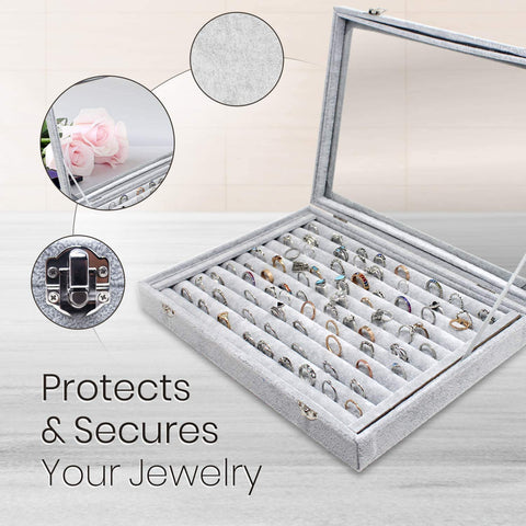 KriShyam® Fabric Glass Jewelry Ring Display Box Tray Holder Storage Box Organizer Display Storage Showcase Holder Organizer, Fabric Glass Tray Holder Storage Box Organizer (Grey)