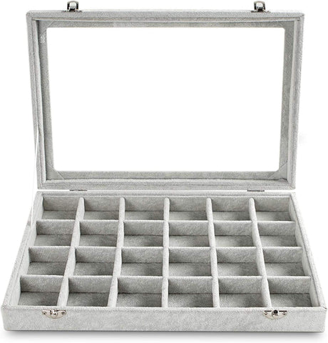 KriShyam® 24 Grid Velvet Jewelry Storage box Bathroom Cosmetic Organizers with Clear Transparent Lid Velvet material jewelry Storage Organizer Box,Lockable,Removable grid,(24 Grid,Grey)35 x 24 x 5cm