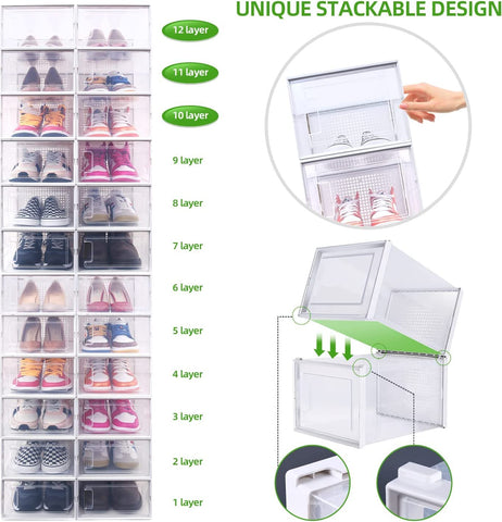 KriShyam® Shoe Storage Box,Shoe Box Plastic Stackable,Drawer Type Front Opening,Shoe Organizer and Shoe Containers For Men/Women(White) (Pack of 12)