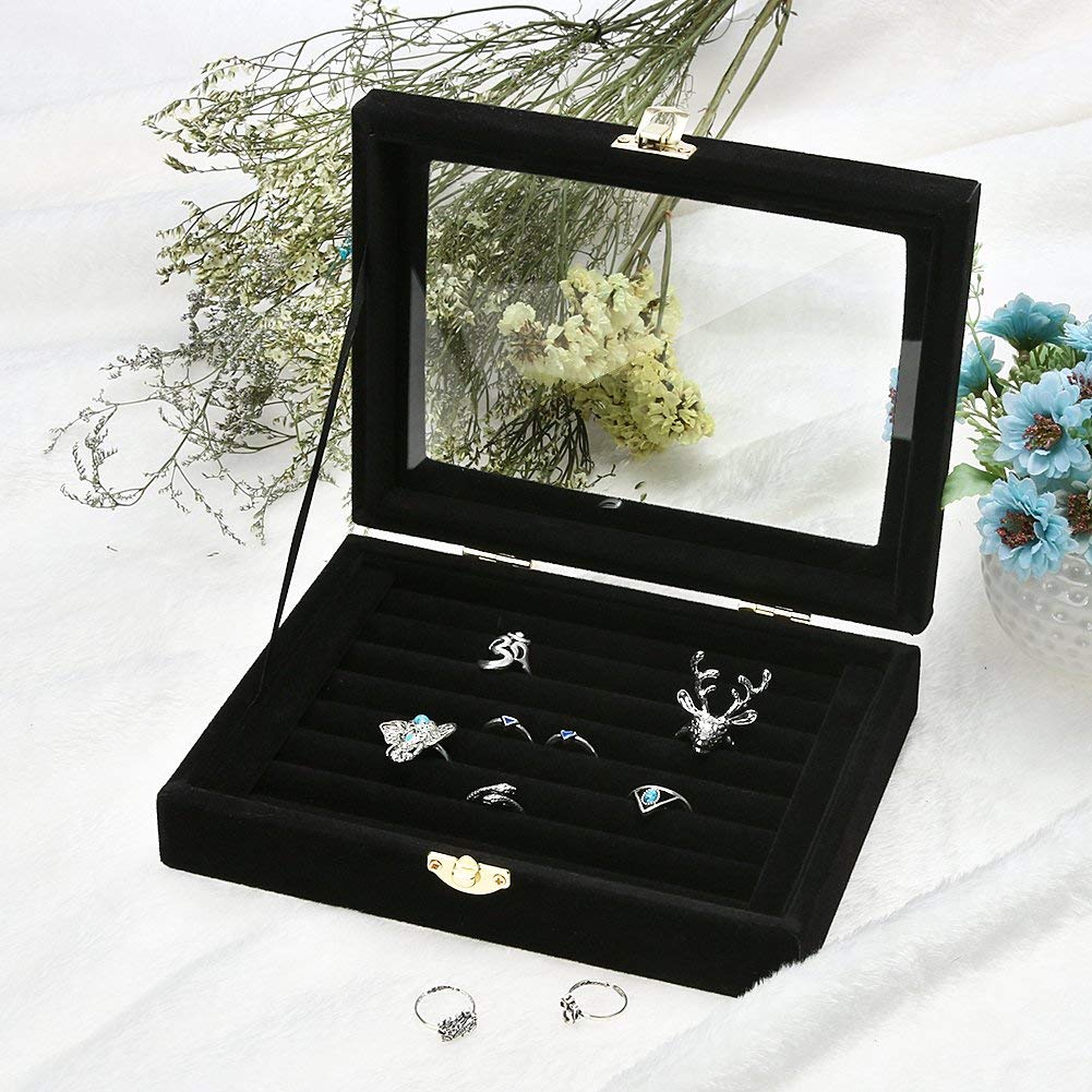 KriShyam® Women Velvet Glass Ring Earrings Jewellery Box Display Storage Showcase Holder Organizer,Ring Display Box Velvet Fabric Glass Tray Holder Storage Box Organizer (BLACK)