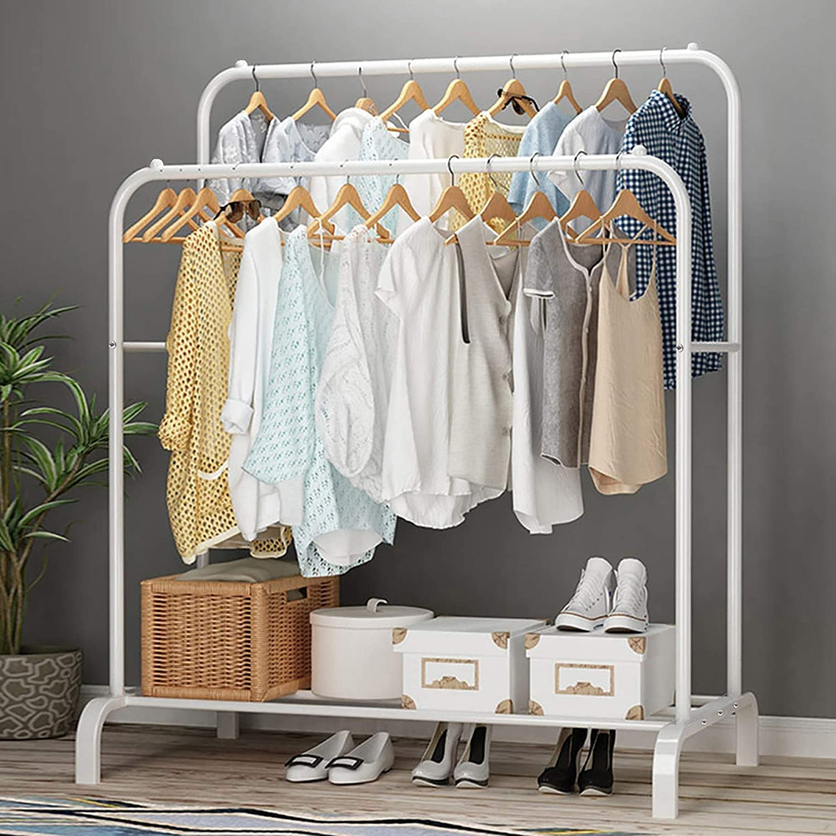KriShyam®  Double Pole Hanger Garment Rack Freestanding Hanger Double Rods Multi-Functional Bedroom Clothing Rack (Hanger) White