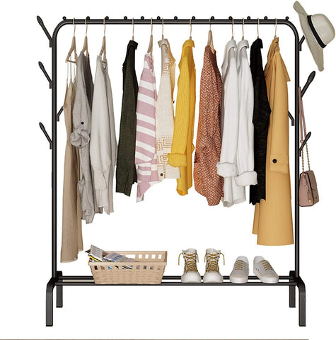 KriShyam® Freestanding Hanging Metal Clothes Rack with Storage Shelf and Side Hooks Black