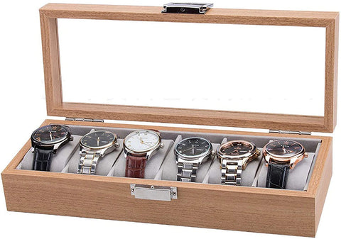 KriShyam® 6 Slot Watch Box for Men and Women Wooden Watch Case Display Organizer with Glass Top Metal Buckle Grey Lining