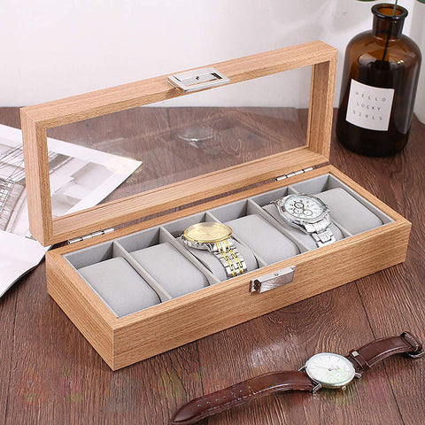 KriShyam® 6 Slot Watch Box for Men and Women Wooden Watch Case Display Organizer with Glass Top Metal Buckle Grey Lining