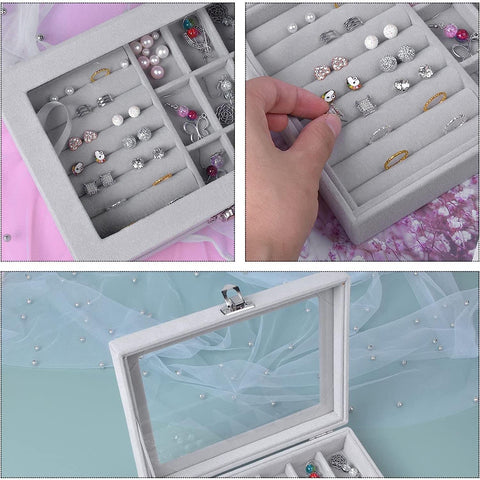 KriShyam® Jewelry Boxes with Glass Lids, 9 Grids Jewelry Storage Organizer Jewelry Box Women Travel Jewelry Box, Necklace Earrings Ring Jewelry Box, Clear Jewelry Storage Box