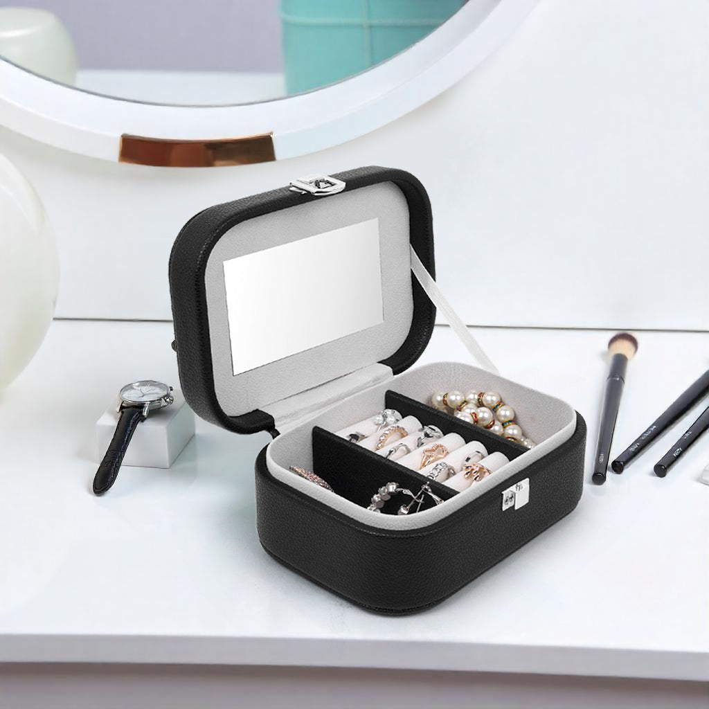 BucketList® PU Leather Jewellery Organizer Box with Mirror | Travel-Friendly Jewelry Storage Case with Ring Slots & Secure Lock (Travel Jewellery Box with Mirror (Black, Blue, Pink, white)