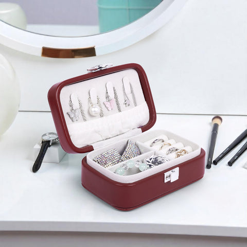 KRISHYAM® Portable Travel Jewelry Box Organizer – Compact PU Leather Case, Ring Holder & Necklace Hooks – Ideal for Women & Girls (Black, Brown, Caramel, Pink, White, Wine Red)
