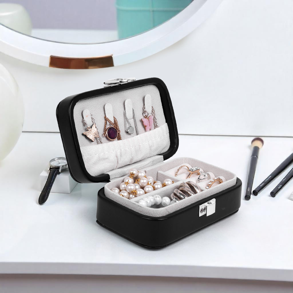 KRISHYAM® Portable Travel Jewelry Box Organizer – Compact PU Leather Case, Ring Holder & Necklace Hooks – Ideal for Women & Girls (Black, Brown, Caramel, Pink, White, Wine Red)