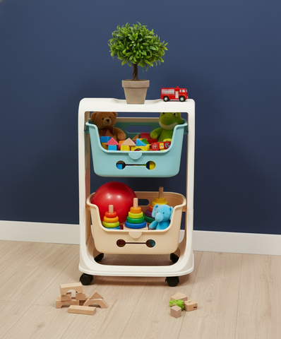 KRISHYAM® Multi-Layer Toy Storage Organizer Rack with Wheels | Kids Toy Shelf with Removable Bins for Toys, Books & Stationery (2-Tier Kids Basket (Matte Finish)