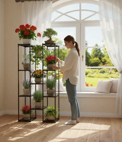 KRISHYAM® 11-Tier Plastic Flower Stand for Indoor & Outdoor | Multi-Layer Plant Display Rack for Pots | Rust-Free, Heavy-Duty Garden Organizer Shelf (BLACK, 11 TIER)