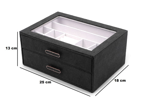 BucketList® Premium PU Leather Jewellery Organizer Box with Glass Lid | 2 Pull-Out Drawers Multi-Compartment Storage for Rings, Earrings, Necklaces & Bracelets (2-Layer Jewelry Box (Black, Pink, Red, White)