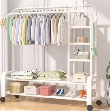 Krishyam® Double Rods Portable Garment Rack Wide Clothes Rail,Metal Clothes Rack with 2 Hanging Rails, 4 Hooks, 4 Side Shelves, and 2 Down Shelves, for Storing Shoes and Clothes