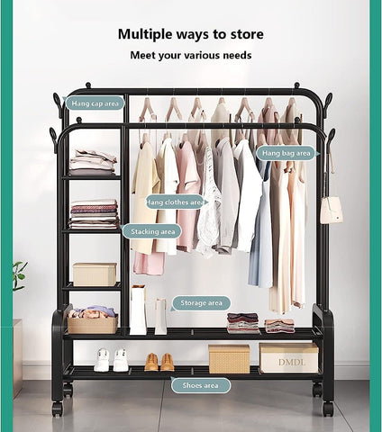 Krishyam® Double Rods Portable Garment Rack Wide Clothes Rail,Metal Clothes Rack with 2 Hanging Rails, 4 Hooks, 4 Side Shelves, and 2 Down Shelves, for Storing Shoes and Clothes