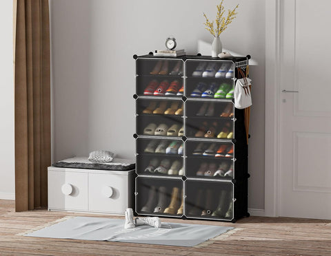 KRISHYAM® 16 Step Modular Shoe Rack Cabinet with Flip Doors & Side Hooks, Stackable Plastic Shoe Storage Organizer for Entryway, Bedroom & Closet, Space Saving Multi Layer (8 Door 16 Step (Black))
