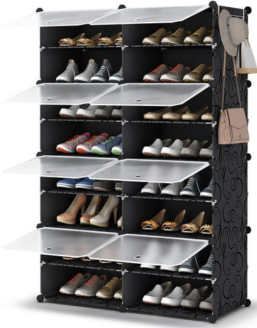 KRISHYAM® 16 Step Modular Shoe Rack Cabinet with Flip Doors & Side Hooks, Stackable Plastic Shoe Storage Organizer for Entryway, Bedroom & Closet, Space Saving Multi Layer (8 Door 16 Step (Black))