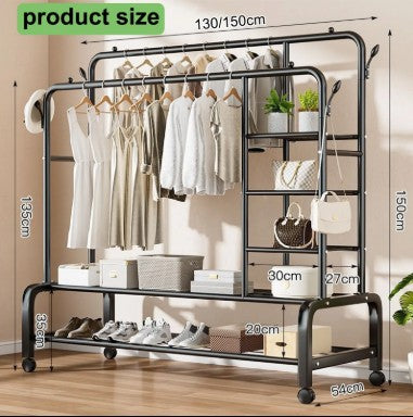 Krishyam® Double Rods Portable Garment Rack Wide Clothes Rail,Metal Clothes Rack with 2 Hanging Rails, 4 Hooks, 4 Side Shelves, and 2 Down Shelves, for Storing Shoes and Clothes