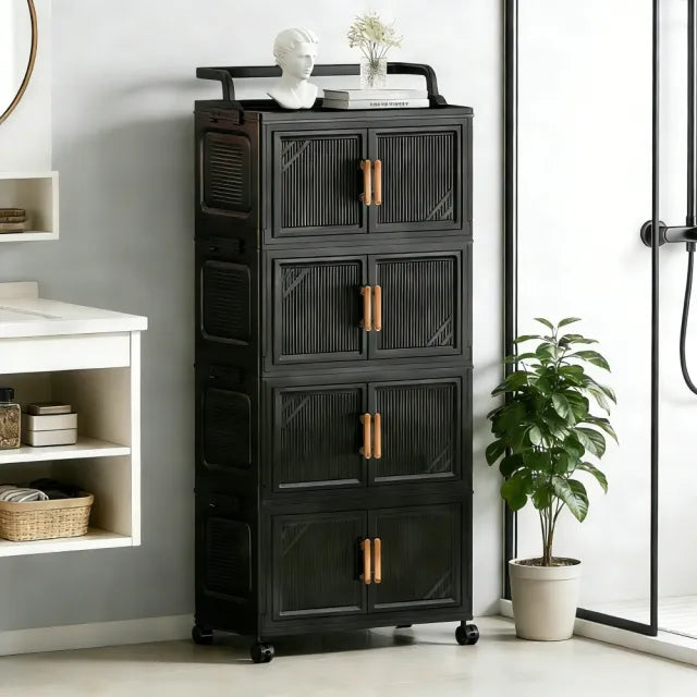 KRISHYAM® 4-Tier 8-Door Plastic Storage Cabinet with Wheels, Water-Resistant Modular Clothes Organizer Cupboard for Bedroom, Bathroom, Kids Room & Home Storage, 109 x 46 x 27 cm, Black