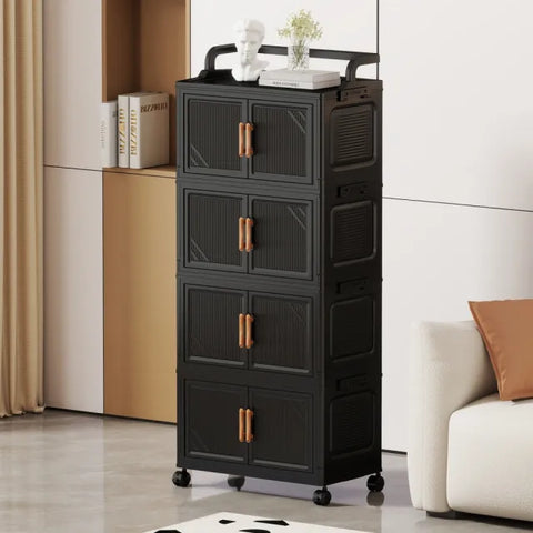 KRISHYAM® 4-Tier 8-Door Plastic Storage Cabinet with Wheels, Water-Resistant Modular Clothes Organizer Cupboard for Bedroom, Bathroom, Kids Room & Home Storage, 109 x 46 x 27 cm, Black