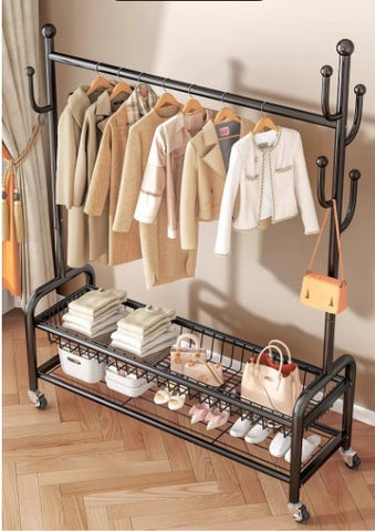 Krishyam® Exquisite Clothes Rail Rack Clothes Rail, 4 in 1 Coat Rack on Brake Wheels, Multifunction Garment Rack with Cactus Hooks and Double Tier Storage Shelf