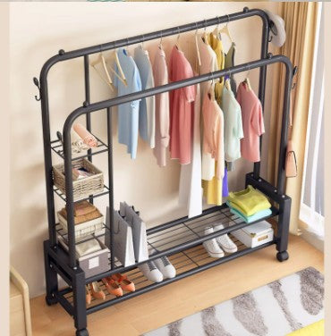 Krishyam® Double Rods Portable Garment Rack Wide Clothes Rail,Metal Clothes Rack with 2 Hanging Rails, 4 Hooks, 4 Side Shelves, and 2 Down Shelves, for Storing Shoes and Clothes