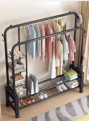 Krishyam® Double Rods Portable Garment Rack Wide Clothes Rail,Metal Clothes Rack with 2 Hanging Rails, 4 Hooks, 4 Side Shelves, and 2 Down Shelves, for Storing Shoes and Clothes