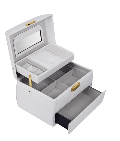 KRISHYAM® Luxury Lockable 3 Layer Leather Jewelry Box Organizerwith Mirror, Drawer & Key – Black Faux Leather Travel Case for Women & Girls