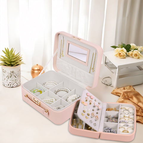BUCKETLIST® PU Leather Jewellery Organizer Box with Mirror & Necklace Hooks | Large Multi-Compartment Jewelry Storage Case with Removable Tray & Mini Travel Box (Luxury Jewelry Box with Mirror (Black, Pink, Red, White, Cramel)