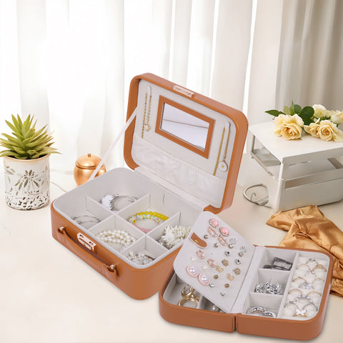 BUCKETLIST® PU Leather Jewellery Organizer Box with Mirror & Necklace Hooks | Large Multi-Compartment Jewelry Storage Case with Removable Tray & Mini Travel Box (Luxury Jewelry Box with Mirror (Black, Pink, Red, White, Cramel)