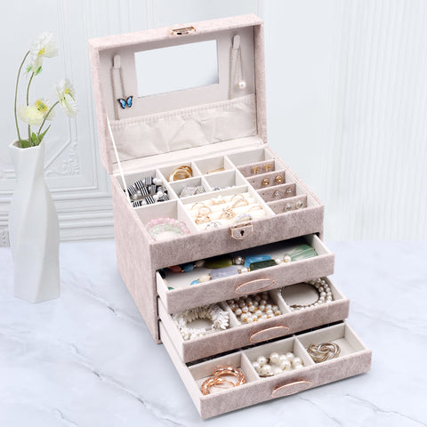 BucketList® Luxury PU Leather Jewellery Organizer Box with Mirror & Lock | 3 Drawer Jewelry Storage Case with Ring Rolls & Compartments (4 Drawers Jewelry Box with Mirror (Black,Gery, Pink, Red