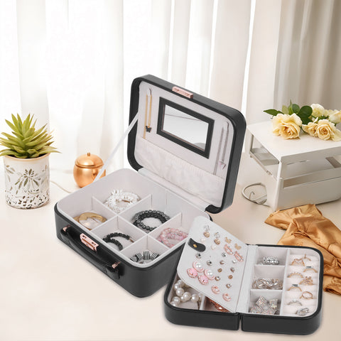 BUCKETLIST® PU Leather Jewellery Organizer Box with Mirror & Necklace Hooks | Large Multi-Compartment Jewelry Storage Case with Removable Tray & Mini Travel Box (Luxury Jewelry Box with Mirror (Black, Pink, Red, White, Cramel)