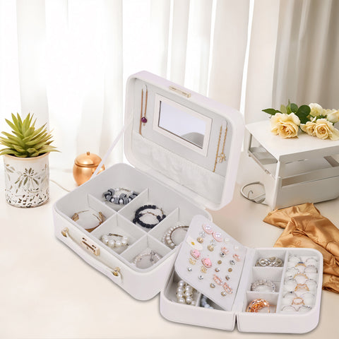 BUCKETLIST® PU Leather Jewellery Organizer Box with Mirror & Necklace Hooks | Large Multi-Compartment Jewelry Storage Case with Removable Tray & Mini Travel Box (Luxury Jewelry Box with Mirror (Black, Pink, Red, White, Cramel)