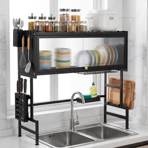 KRISHYAM® Over-the-Sink Dish Drying Rack with Dustproof Lift-Up Door, Black Metal Kitchen Organizer with Plate & Bowl Holders, Knife and Spoon Holders, Soap Tray & Chopping Board Stand