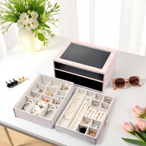 BucketList® Premium PU Leather Jewellery Organizer Box with Glass Lid | 2 Pull-Out Drawers Multi-Compartment Storage for Rings, Earrings, Necklaces & Bracelets (2-Layer Jewelry Box (Black, Pink, Red, White)