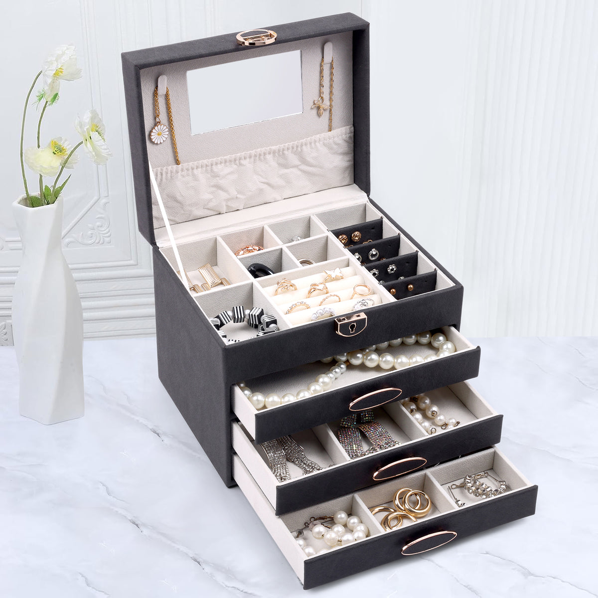 BucketList® Luxury PU Leather Jewellery Organizer Box with Mirror & Lock | 3 Drawer Jewelry Storage Case with Ring Rolls & Compartments (4 Drawers Jewelry Box with Mirror (Black,Gery, Pink, Red
