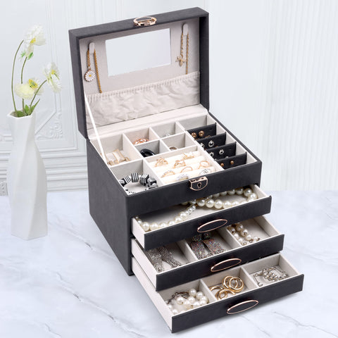 BucketList® Luxury PU Leather Jewellery Organizer Box with Mirror & Lock | 3 Drawer Jewelry Storage Case with Ring Rolls & Compartments (4 Drawers Jewelry Box with Mirror (Black,Gery, Pink, Red